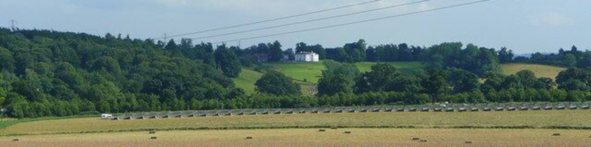 Layers of land use In this view south towards Pengethley Hotel in the distance there are several different uses of the land. From bottom; mature rape, harvested barley, hay or silage, free-range poultry huts, and finally the parkland surrounding Pengethley.