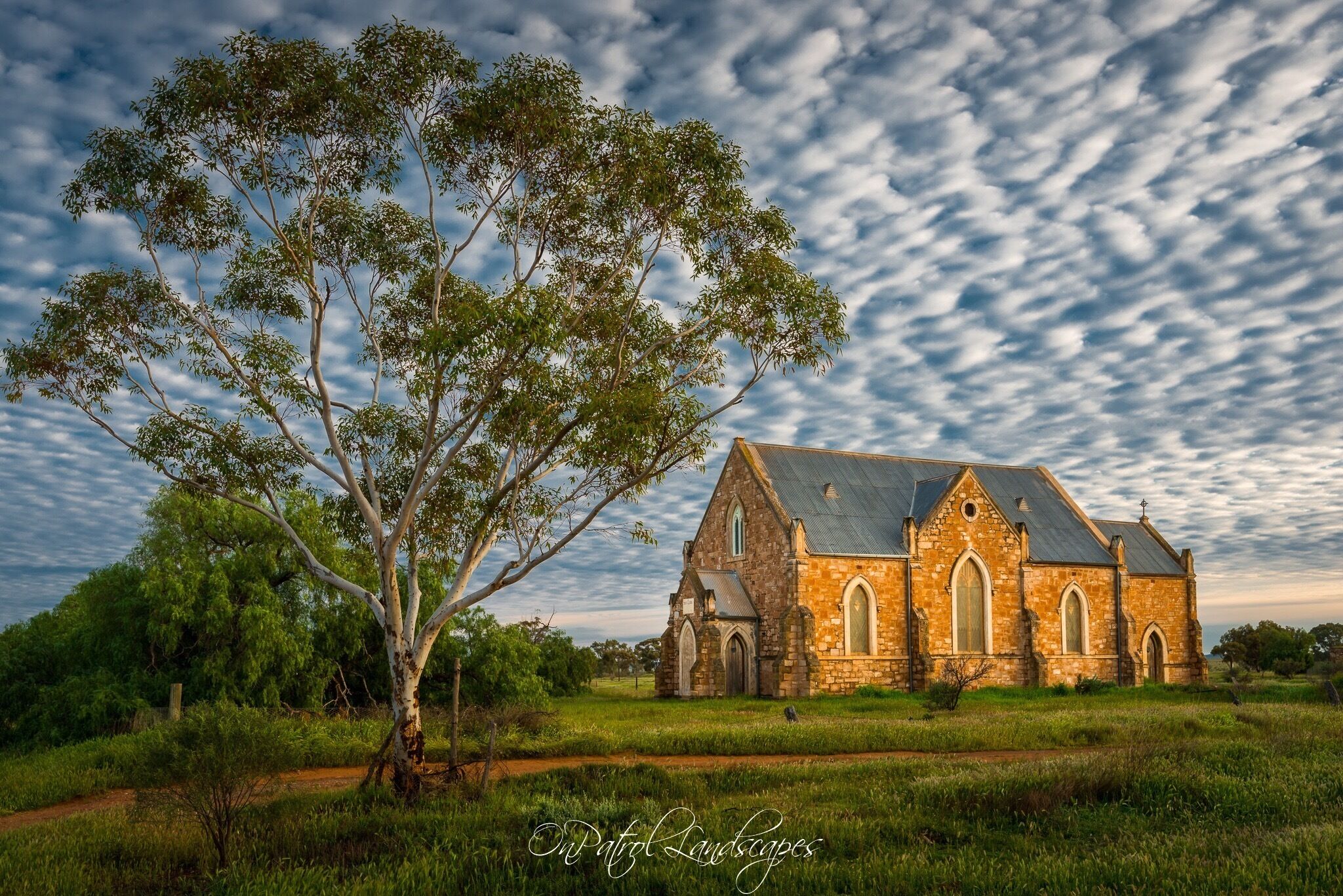 A stone church with arched windows and a large tree in front.