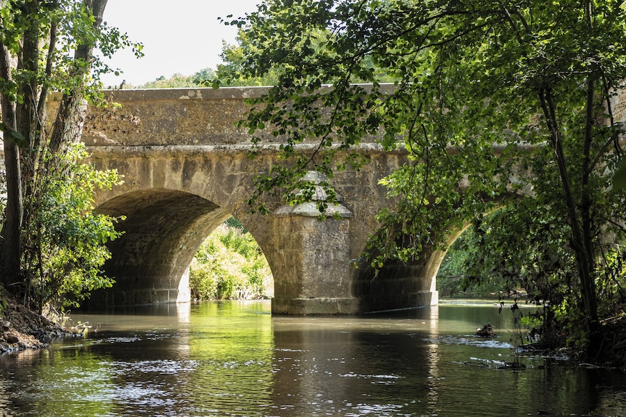 Uma ponte de pedra sobre um rio calmo, rodeada por vegetação exuberante.