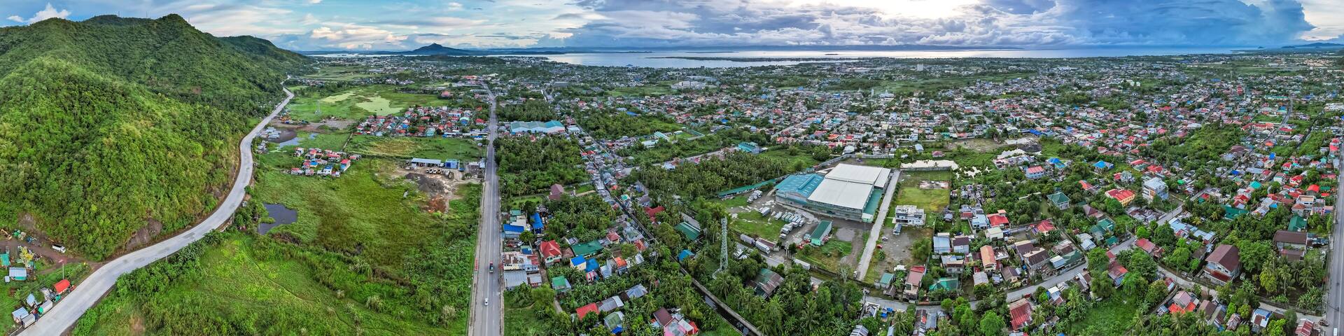 Panoramic aerial of the neighboring cities of Tacloban and Palo in the province of Leyte.