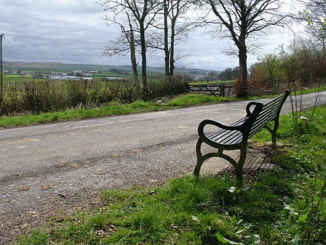 A bench by a rural road with a view of fields and trees.