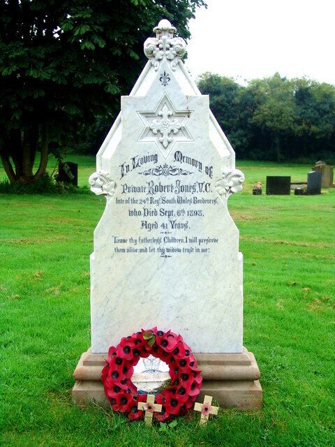 Headstone in St Peter's parish churchyard, Peterchurch, Herefordshire of Pte Robert Jones VC (1857–98), 24th Regiment of Foot, decorated for his role in the Battle of Rorke's Drift in the Anglo-Zulu War