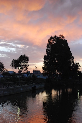 Un atardecer sobre un río tranquilo con árboles y un puente.