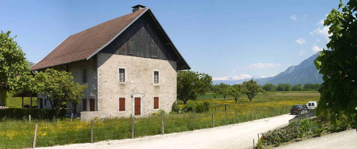 A rural house with a sloped roof, surrounded by a fence, trees, and a road.