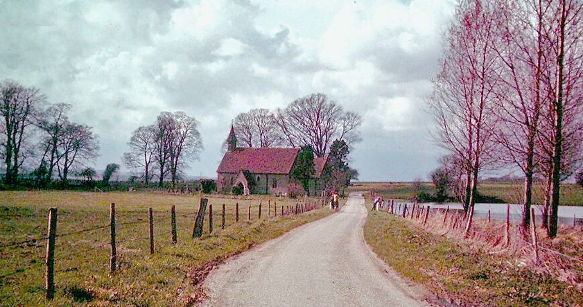 View along lane to St Leonard's Church, Hartley Mauditt, 1963. View NW by Hartley Pond, by Hartley Park. Spring seemed reluctant that year.