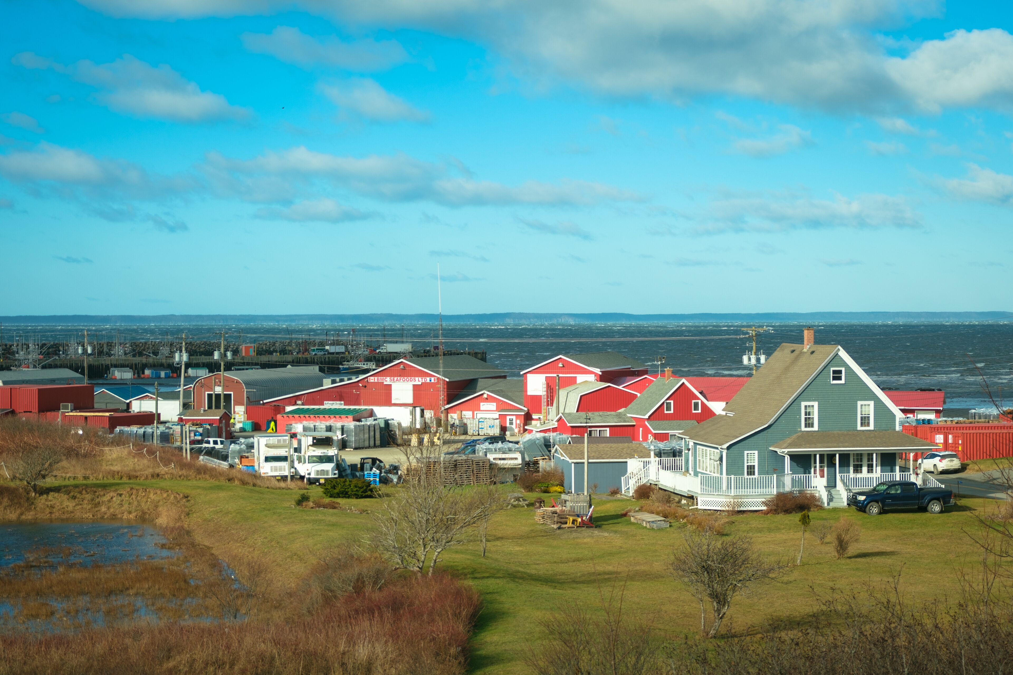A coastal village with red and white houses, a dock, and a view of the ocean.