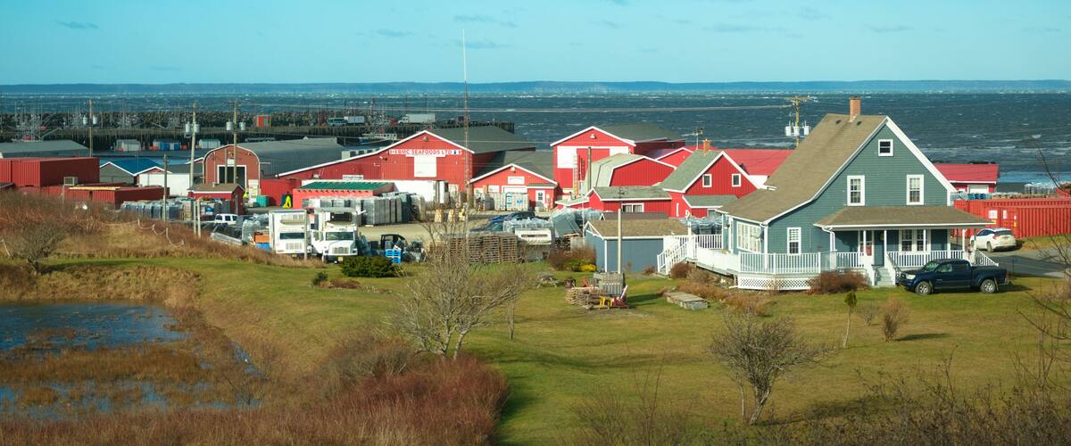 A coastal village with red and white houses, a dock, and a view of the ocean.