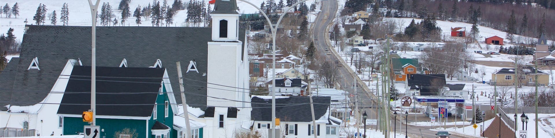 Prince Edward Island showing snow and a small town or village