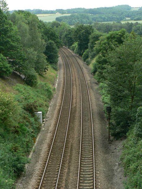 Vías de tren serpenteando a través de un paisaje verde con árboles frondosos.