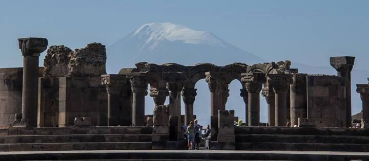 Zvartnots Ruins in Armenia with Mt Ararat in the background.