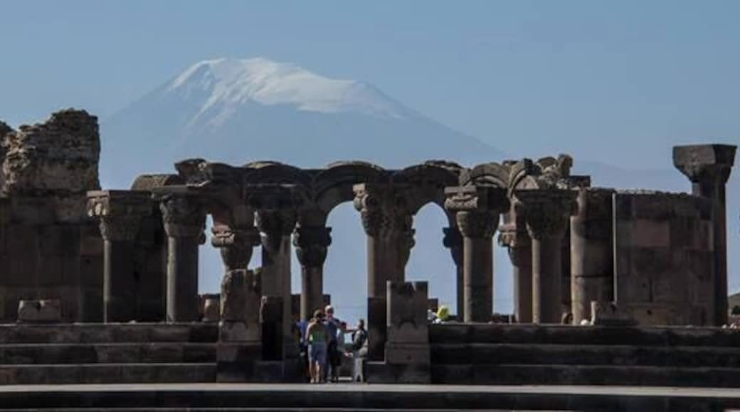 Zvartnots Ruins in Armenia with Mt Ararat in the background.