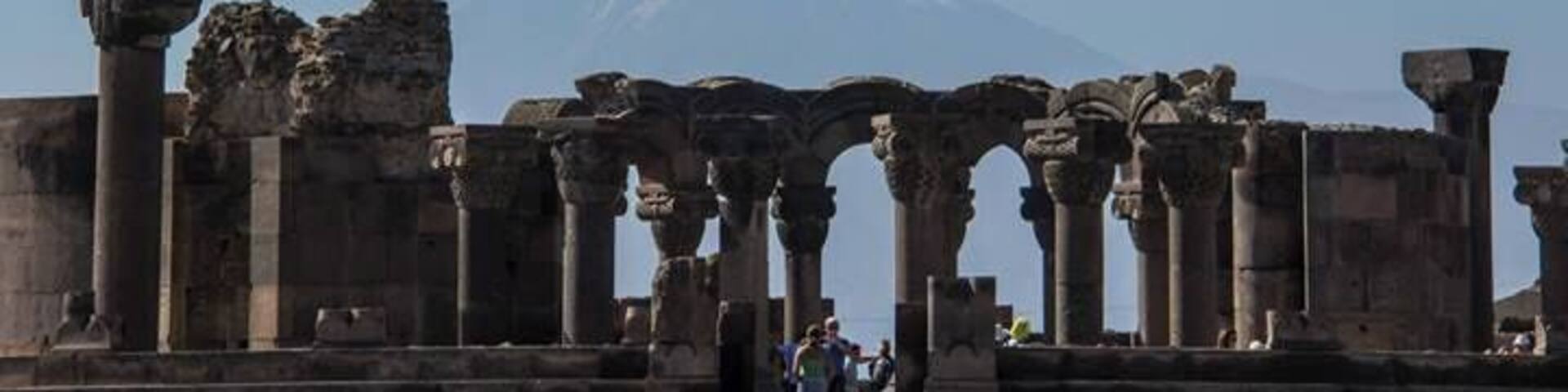 Zvartnots Ruins in Armenia with Mt Ararat in the background.