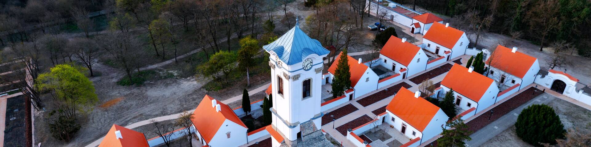 Kamadul monastery in Majk Hungary.The famous baroque Camaldolese monastery on a spring morning from aerial view. Beatiful attraction near by Oroszlany city.
