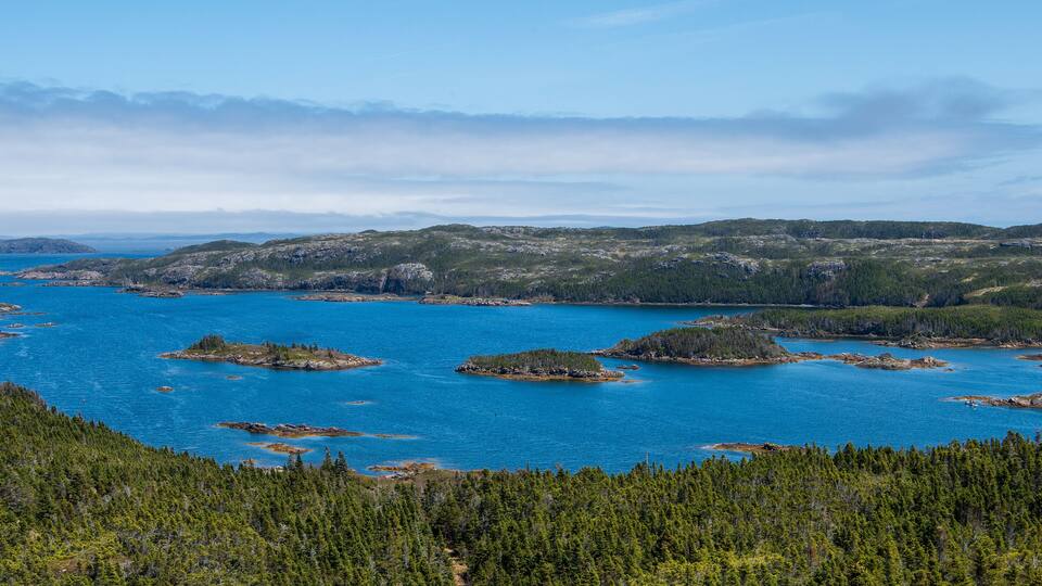 The panoramic view from Pike's Arm Overlook spans across Pike's Arm and its numerous small islets, as well as Change Island to the left and the distant Fogo Island set against the backdrop.