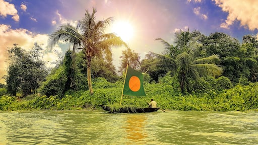 A fishermen fishing on a small boat collecting green plants and fishes for sell, from The Padma river in
Bangladesh.
Nice blue sky with clouds and bright sun shining across green beautiful forest.