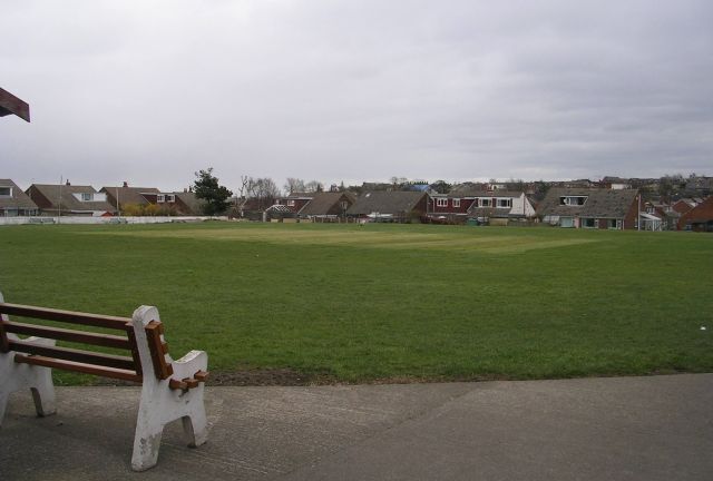 A grassy field with a bench, houses in the background, and a cloudy sky.