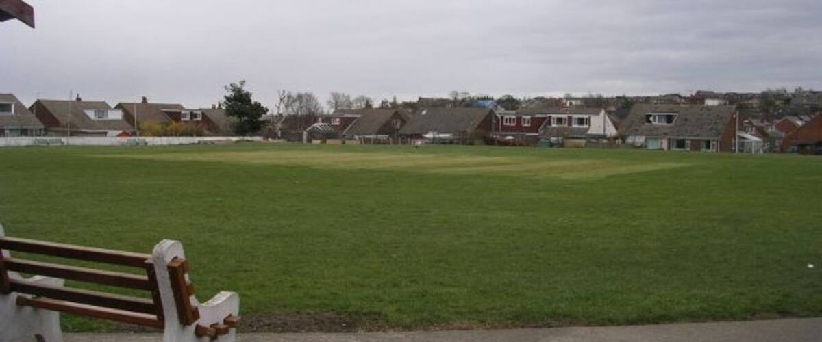 A grassy field with a bench, houses in the background, and a cloudy sky.