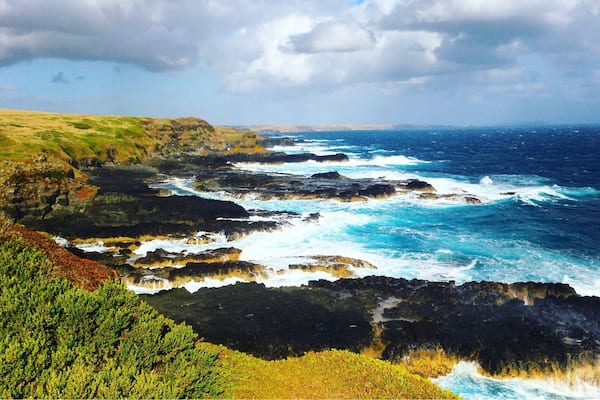 A coastal landscape with rocky cliffs, waves crashing against the shore, and a grassy hillside.