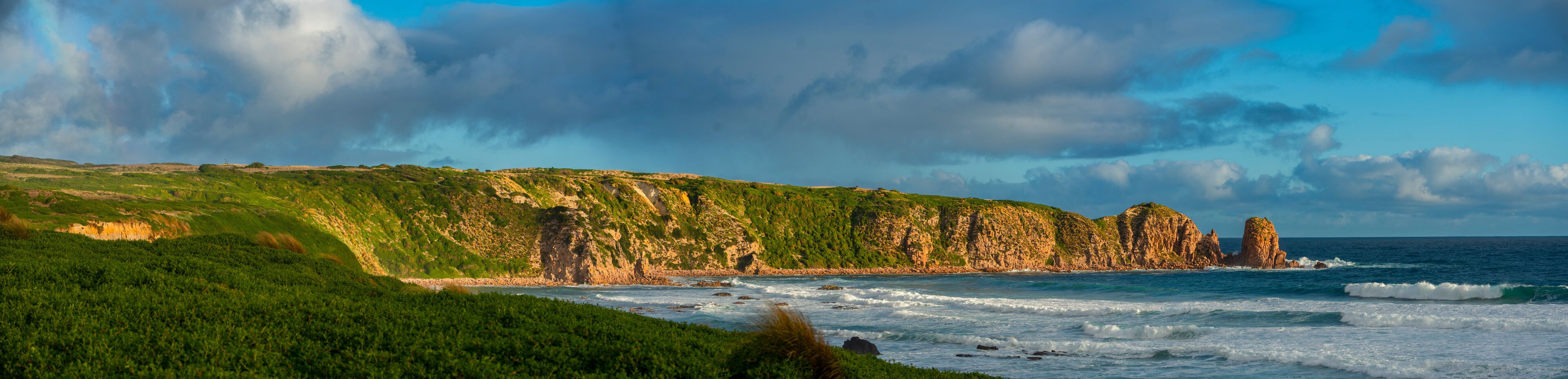 Panorama of Cape Woolamai beach showing the Pinnacles rock formation, Phillip Island, Australia