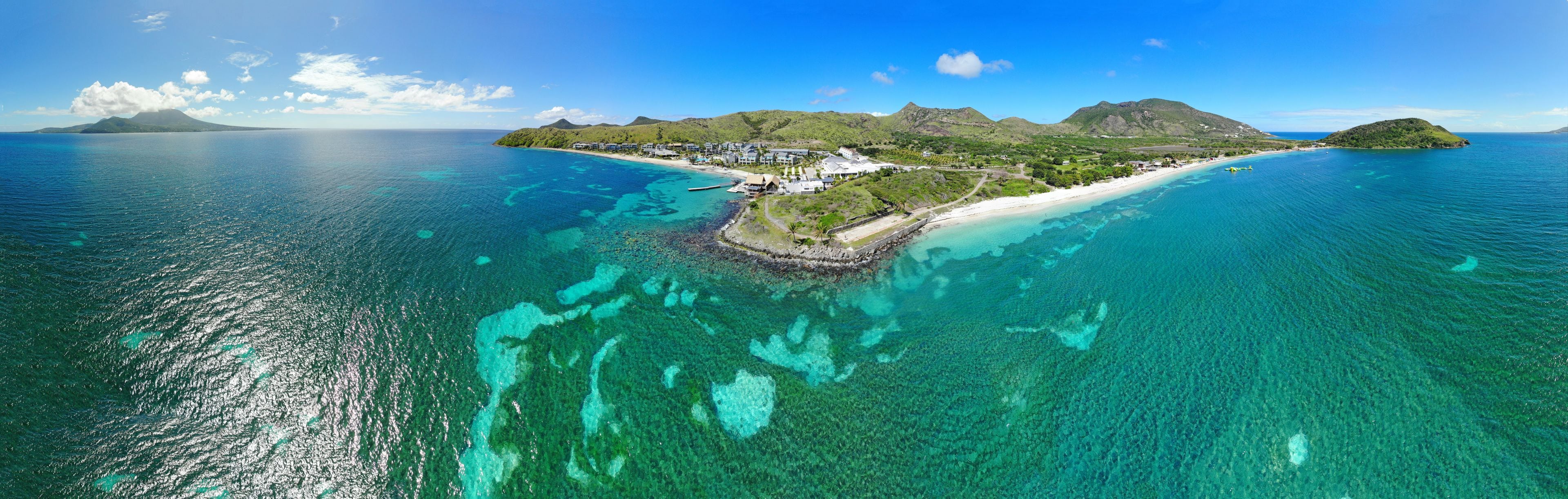Aerial panoramic view of Christopher Harbor and the Caribbean Sea, Saint Kitts, near the Park Hyatt hotel and Reggae Beach