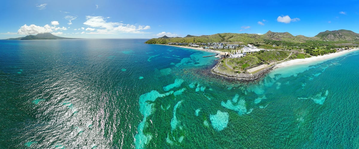 Aerial panoramic view of Christopher Harbor and the Caribbean Sea, Saint Kitts, near the Park Hyatt hotel and Reggae Beach