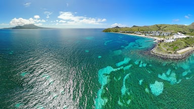 Aerial panoramic view of Christopher Harbor and the Caribbean Sea, Saint Kitts, near the Park Hyatt hotel and Reggae Beach