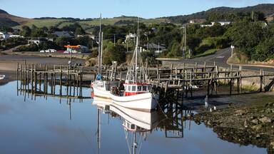 Un barco blanco amarrado a un muelle con una cabina roja, rodeado de agua tranquila y un paisaje rural con casas y colinas al fondo.