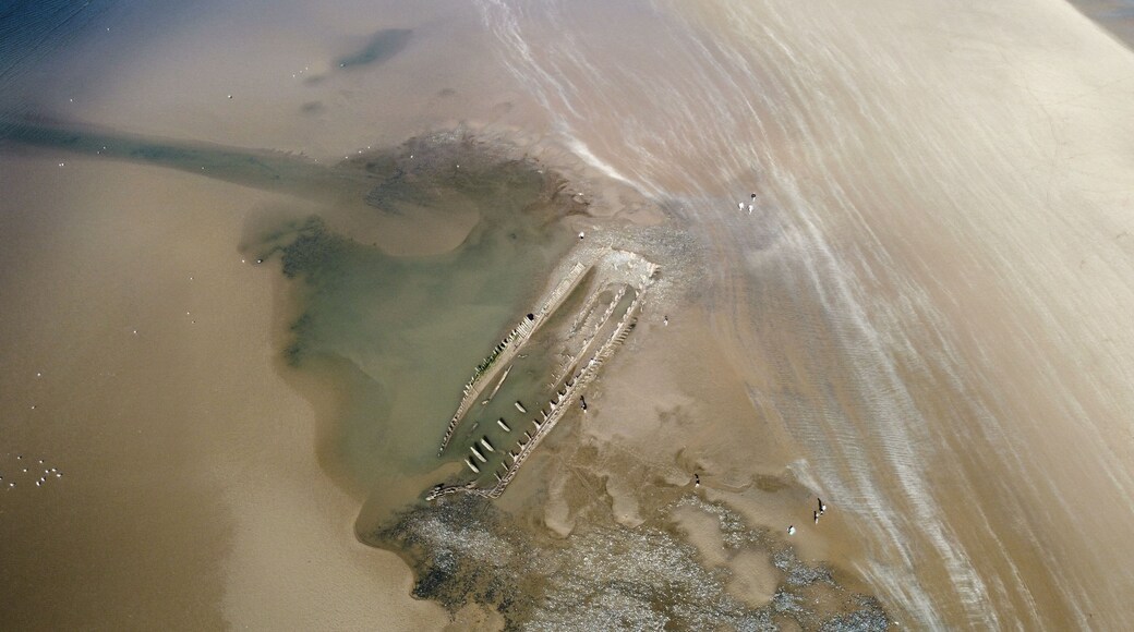 Aerial view of a sandy beach in Lancashire, England