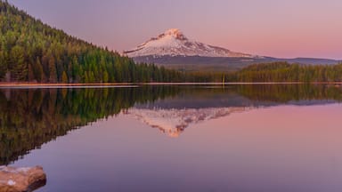 A calm lake reflecting a forest and a snow-capped mountain.