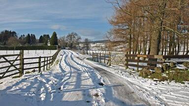 A snow-covered rural road with wooden fences and leafless trees.