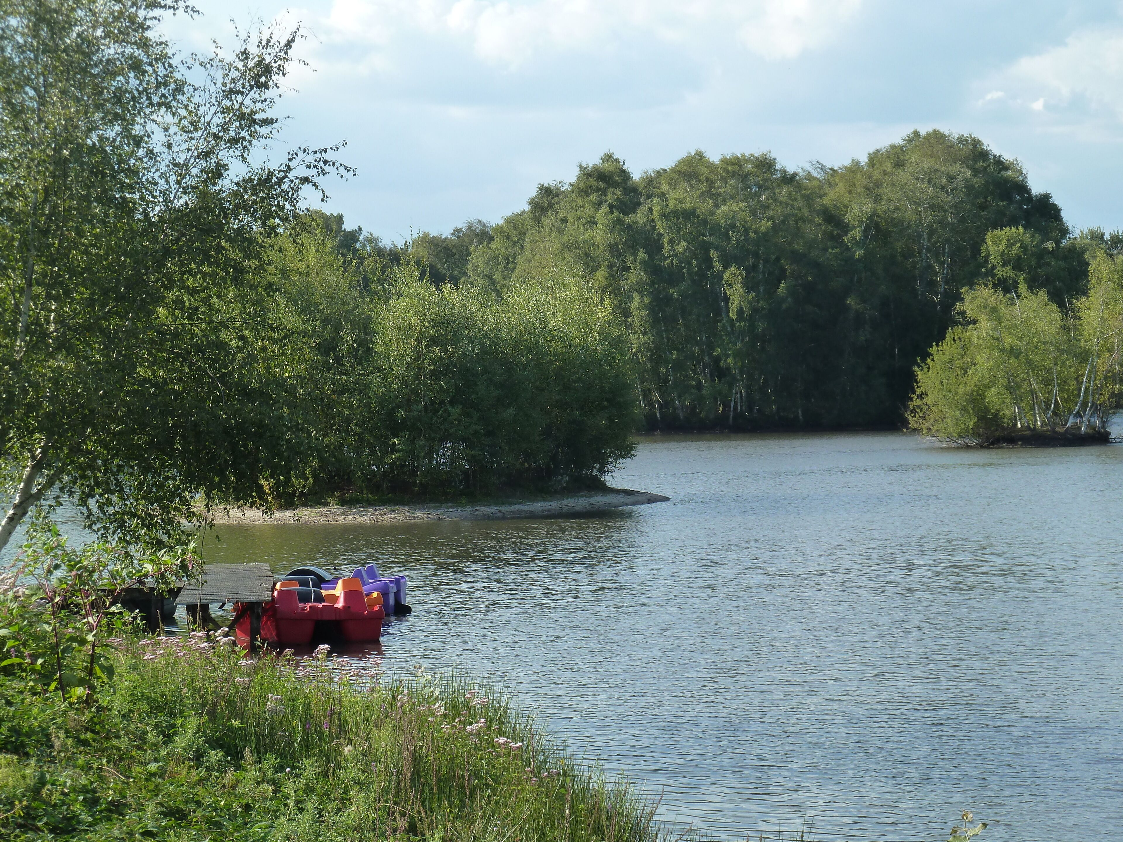 A calm river with boats docked on the shore, surrounded by dense green trees.