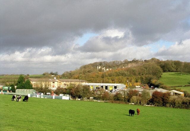 The Alps, Wenvoe In the foreground stands the Vale of Glamorgan Council's highways department and behind is The Alps Quarry with tarmac and concrete batching plants.