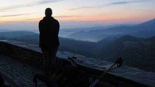 At the top of the mountain at sunrise! #caminodesantiago #whataview #sunrise