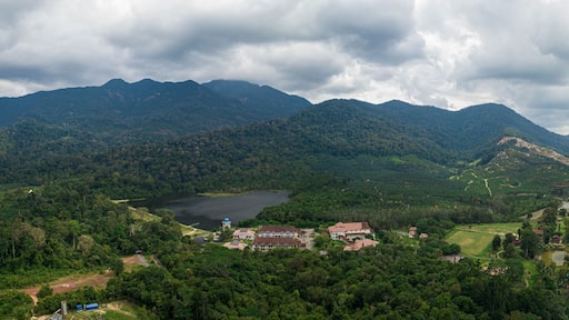 Aerial drone view of rural scenery with tropical trees in Mount Ledang National Park, Johor, Malaysia.