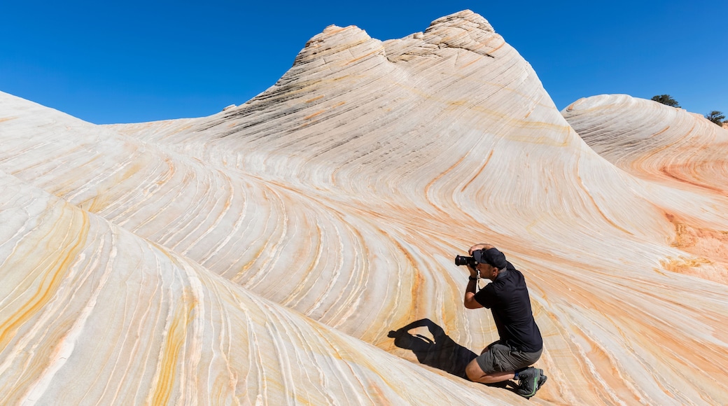 USA, Utah, Canaan Mountain, Hildale, hiking trip towards White Domes and Water Canyon, man taking pictures of colored sandstone rocks