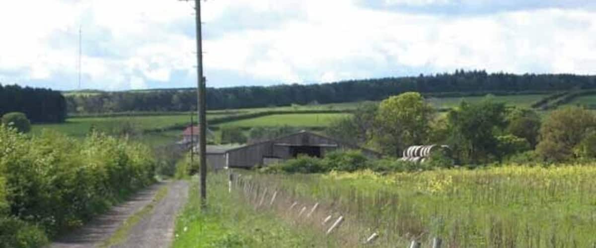 A rural road with a fence and a building in the distance.