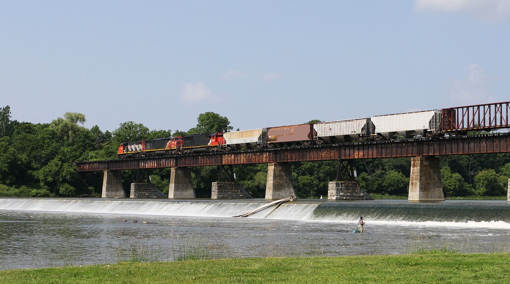 Train crossing bridge in Caledonia, Canada