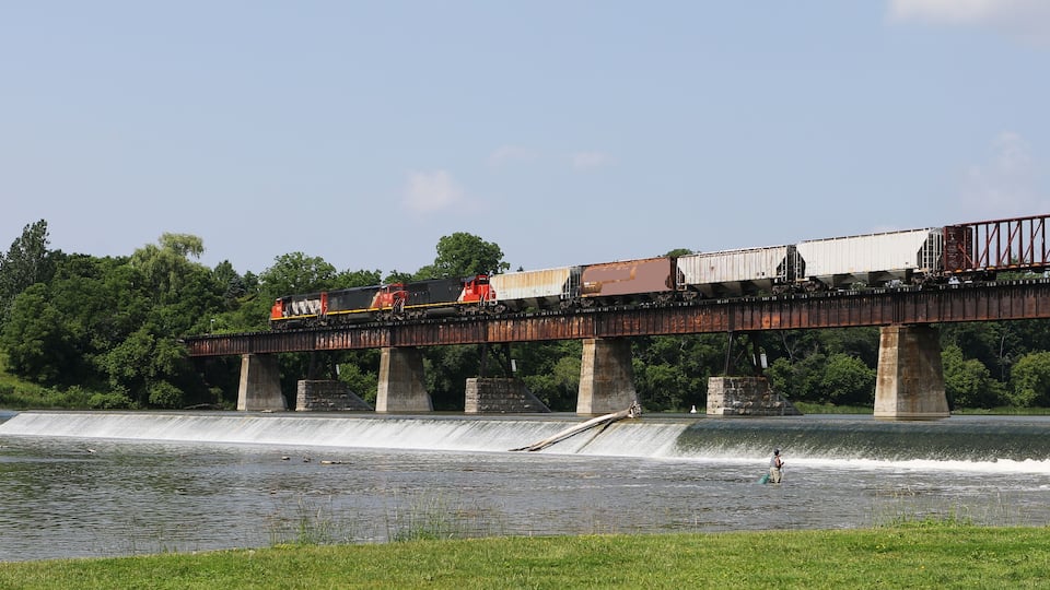 Train crossing bridge in Caledonia, Canada