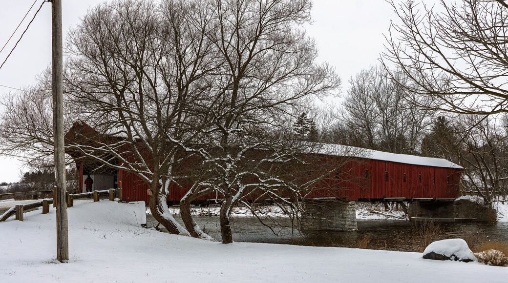 The West Montrose Covered Bridge (also known as the Kissing Bridge) during the winter, near Christmas, Waterloo, ON, Canada.