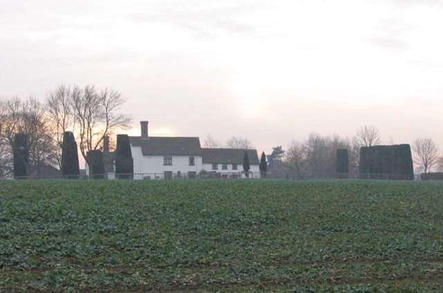 Latchley's Farm The low midwinter sun is breaking through the mist. Our approach to this square by the public footpath from the B1054 involved an interesting stream crossing at TL673403, where the footbridge was no longer usable.