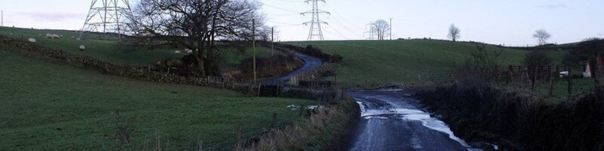 A rural road with a small stream, surrounded by grassy fields and power lines.