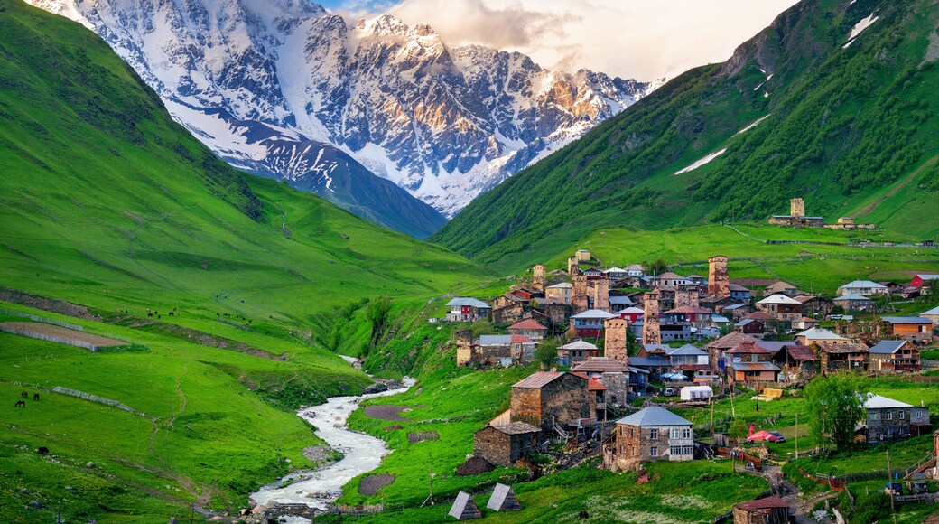 Ushguli village at the foot of Mt. Shkhara,Upper Svaneti, Georgia.