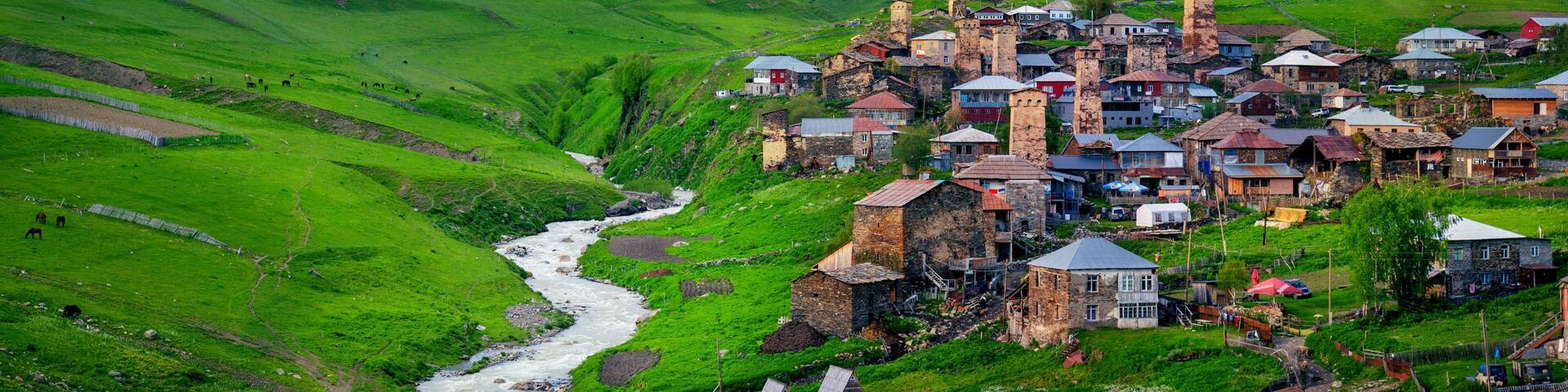 Ushguli village at the foot of Mt. Shkhara,Upper Svaneti, Georgia.