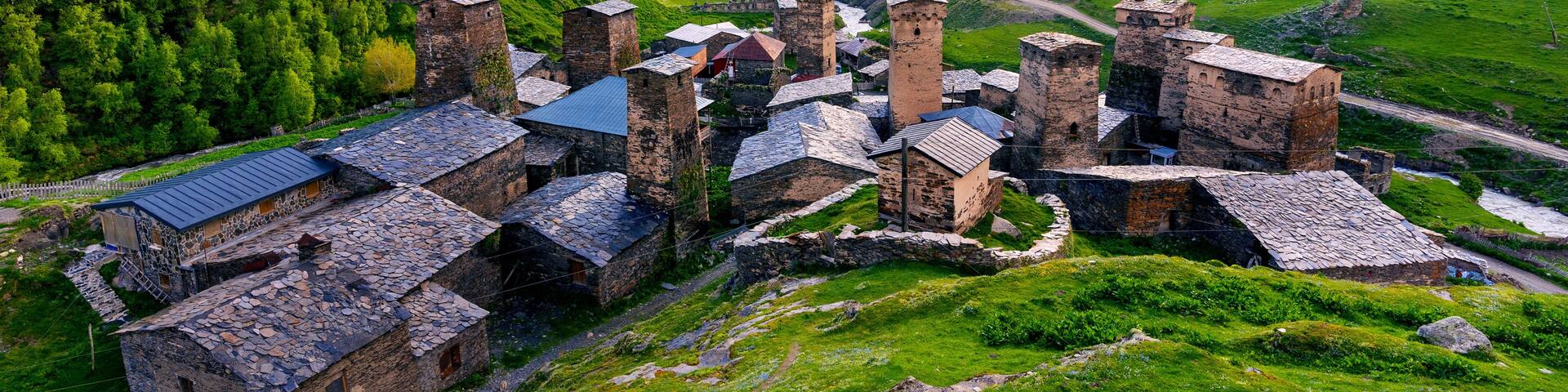 Ushguli village at sunset in Svaneti, Georgia.