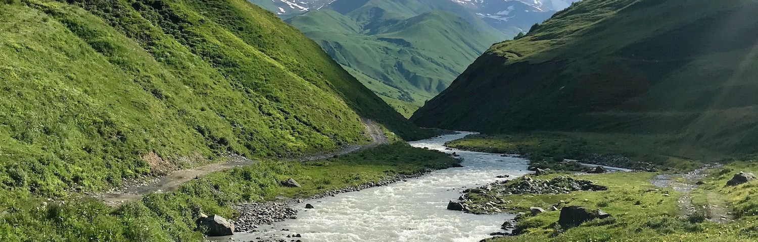 Un río serpentea por un valle con colinas verdes y montañas nevadas al fondo.