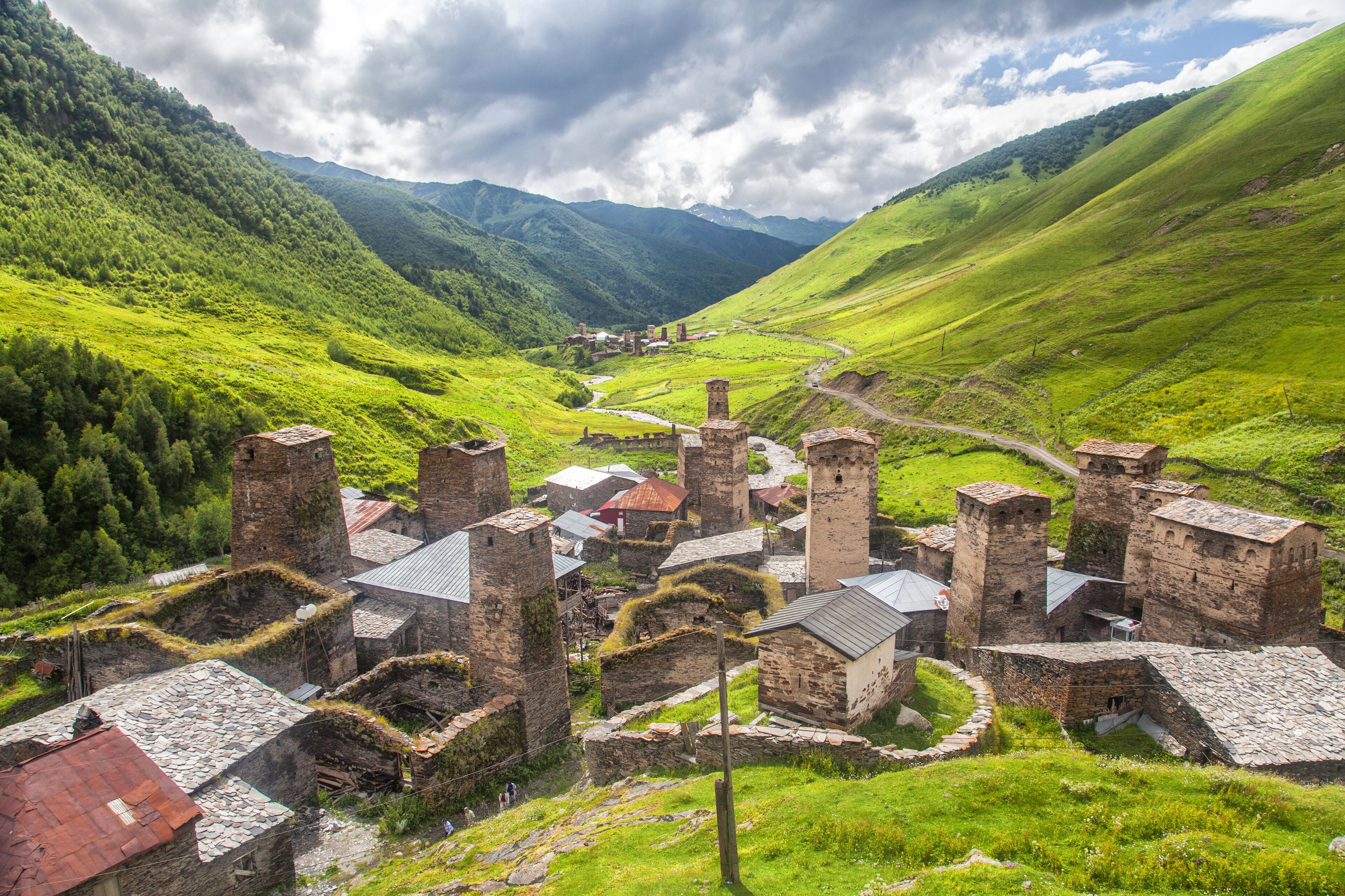 Svaneti mountain towers in Georgia. Landscape of Caucasus