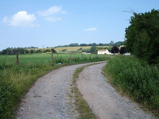 A gravel path curving through a rural landscape with fields and a white house in the distance.