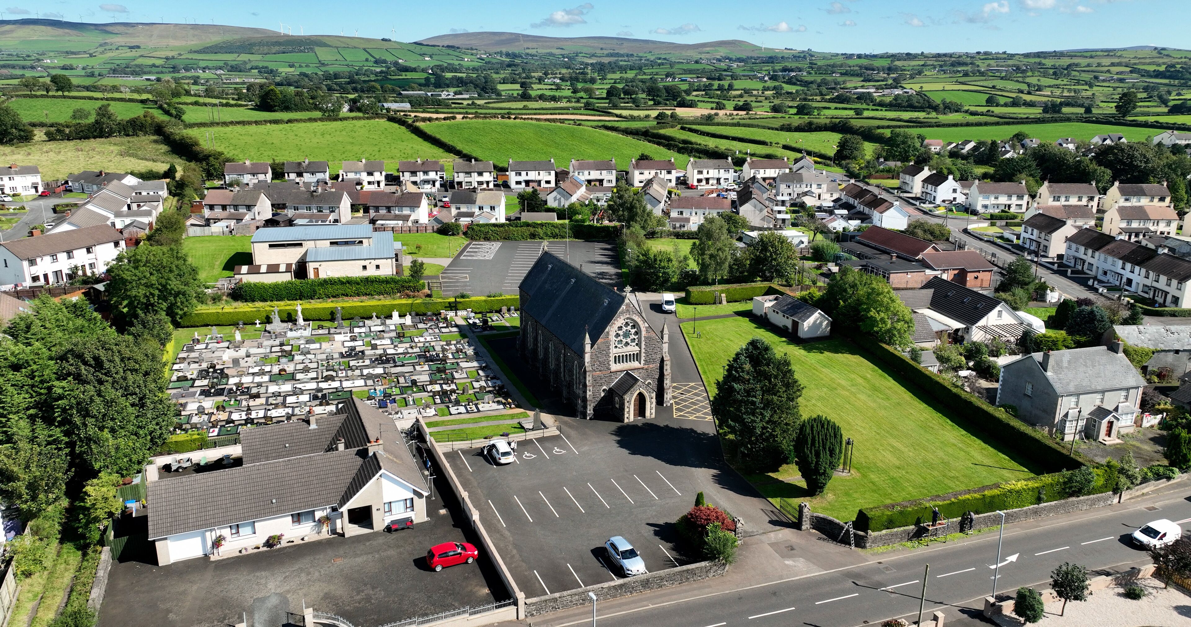 Aerial view of Sacred Heart Church Cloughmills Village Ballymena County Antrim Northern Ireland