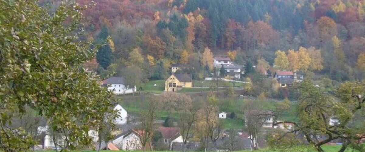 A rural landscape with autumn-colored trees, a small village, and a prominent yellow building.