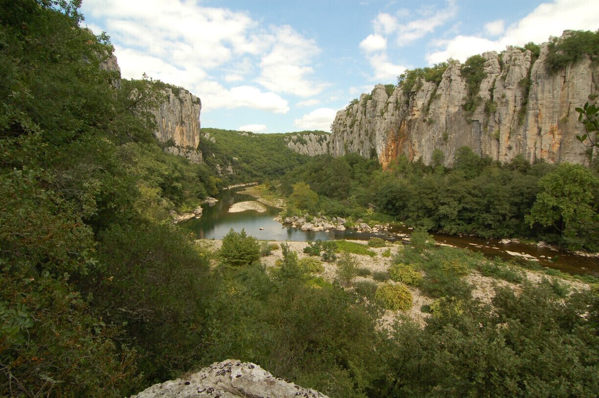 A river flowing through a canyon with rocky cliffs and dense greenery.